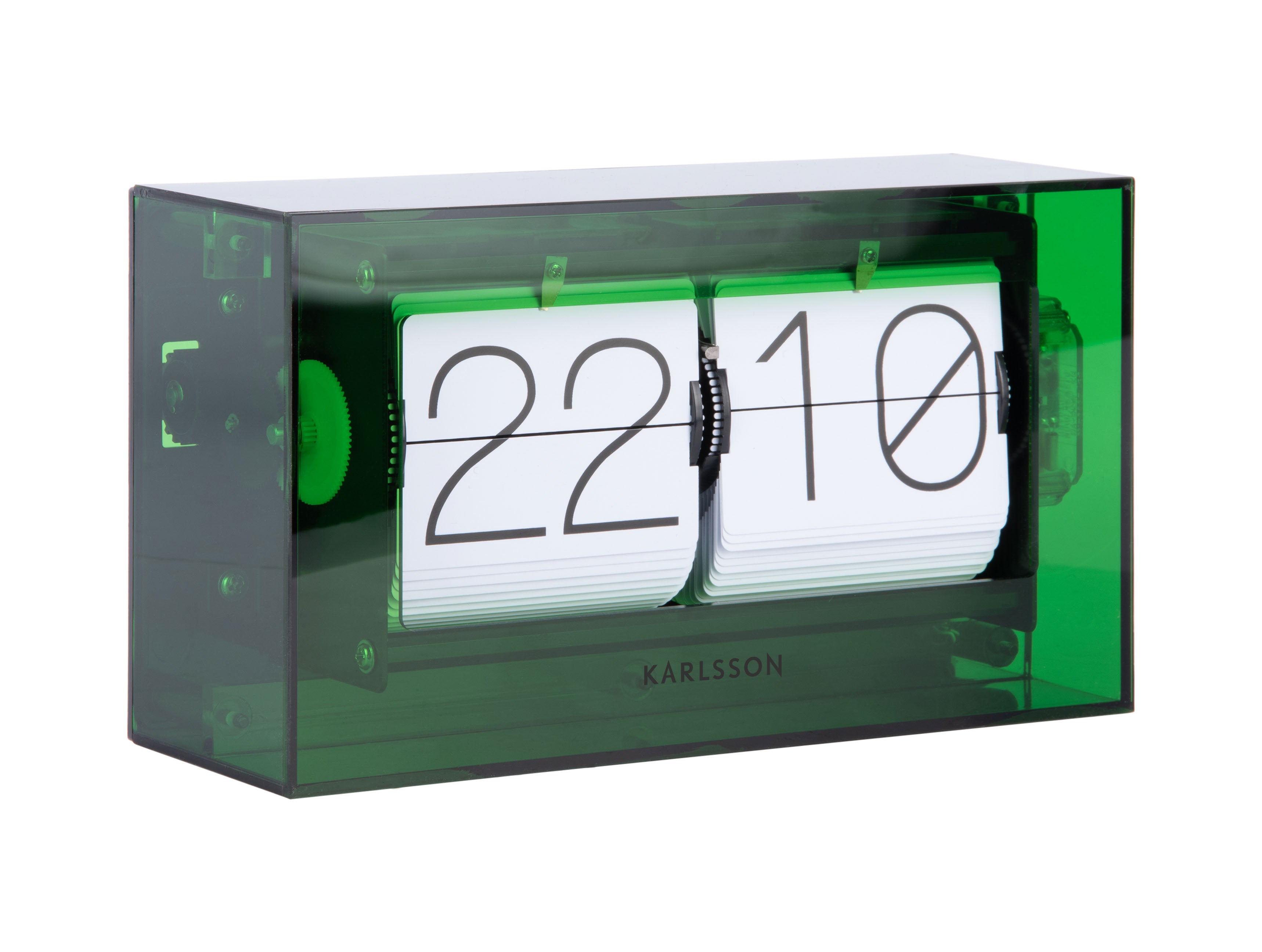 Horloge de table verte avec chiffres rabattables 22 et 10 dans un boîtier en acrylique