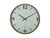 Horloge murale ronde avec bordure aspect bois, cadran gris-vert et aiguilles fines
