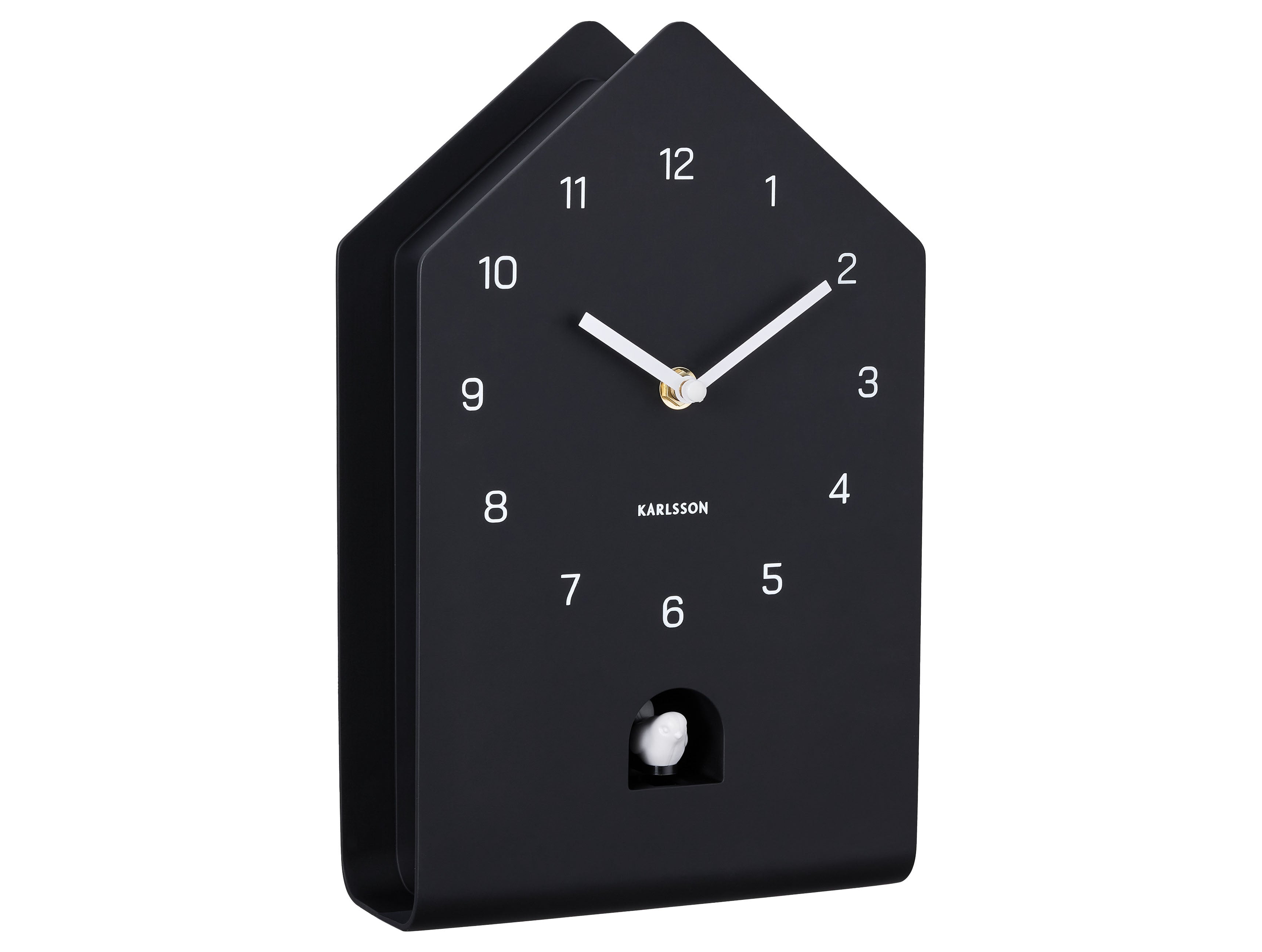 Horloge murale en forme de maison, noire, avec cadran, aiguilles et ouverture pour figurine coucou