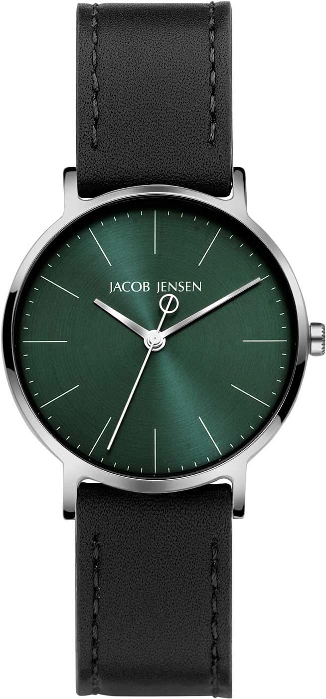 Montre femme Jacob Jensen avec cadran vert et bracelet en cuir noir