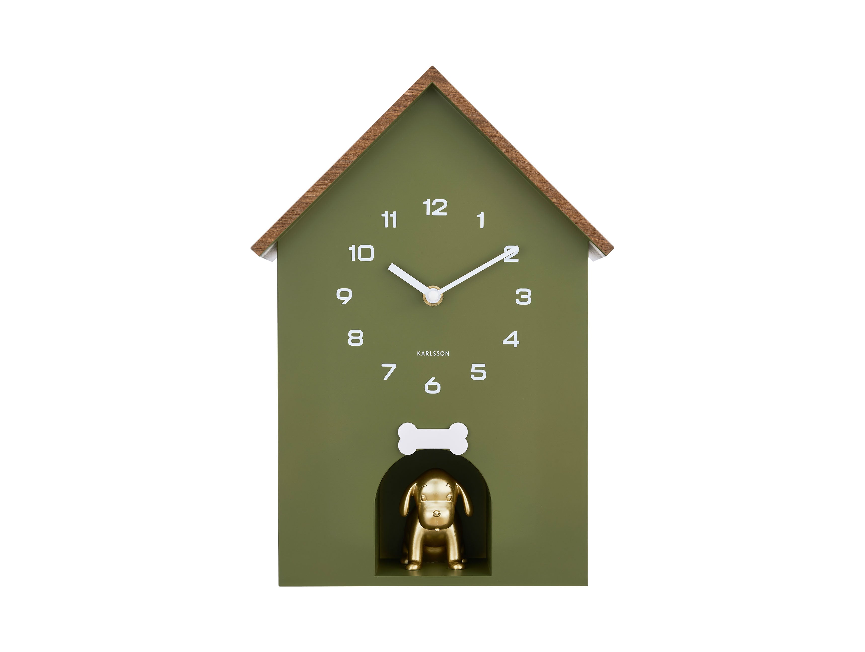 Horloge murale niche pour chien, verte avec figurine dorée et toit en bois