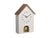 Horloge murale en forme de maison avec cadran blanc et chien doré, bordure de toit marron