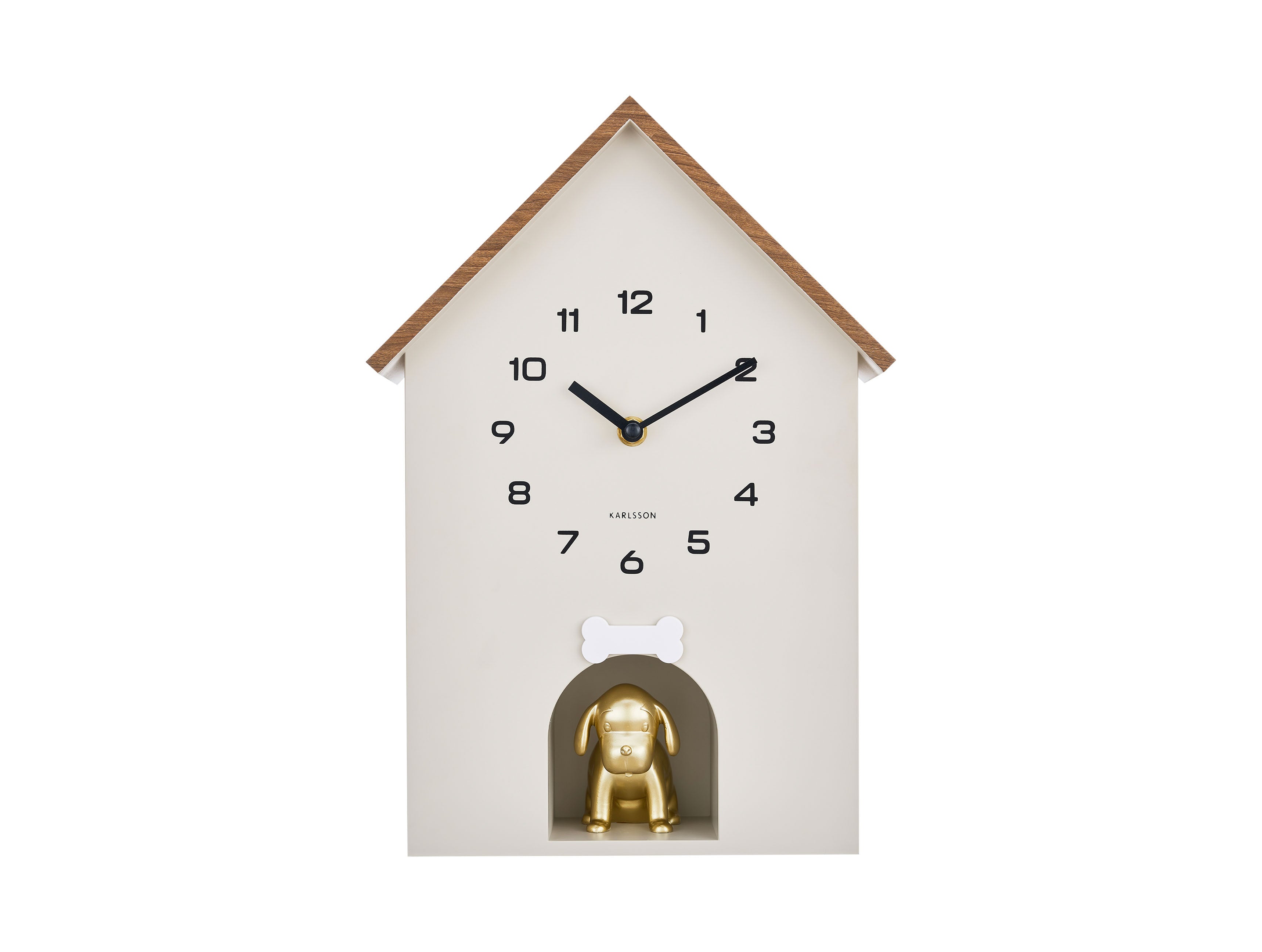 Horloge murale en forme de maison avec cadran blanc et chien doré, design coucou