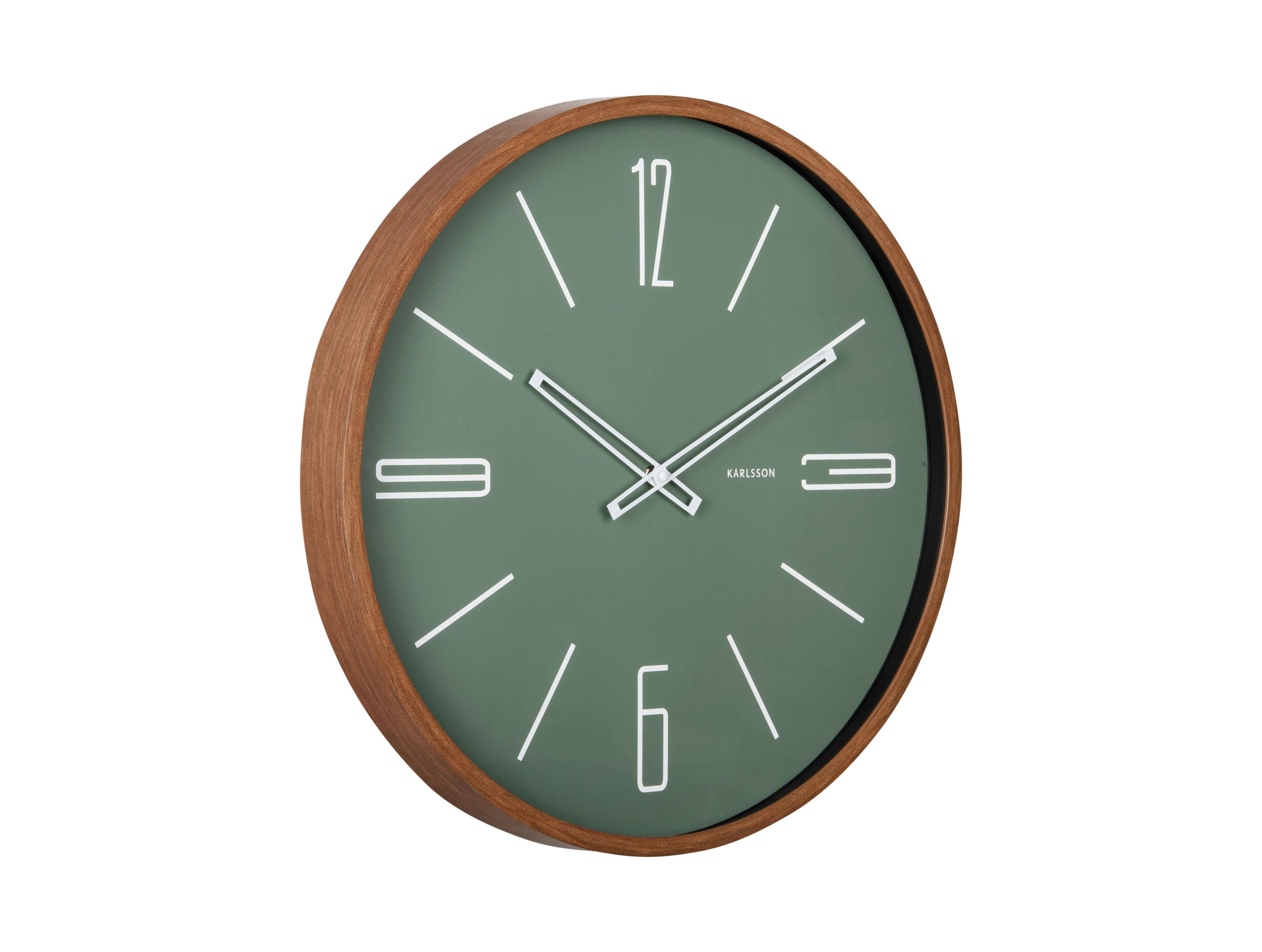 Horloge murale avec cadre rond en bois, cadran vert et aiguilles blanches