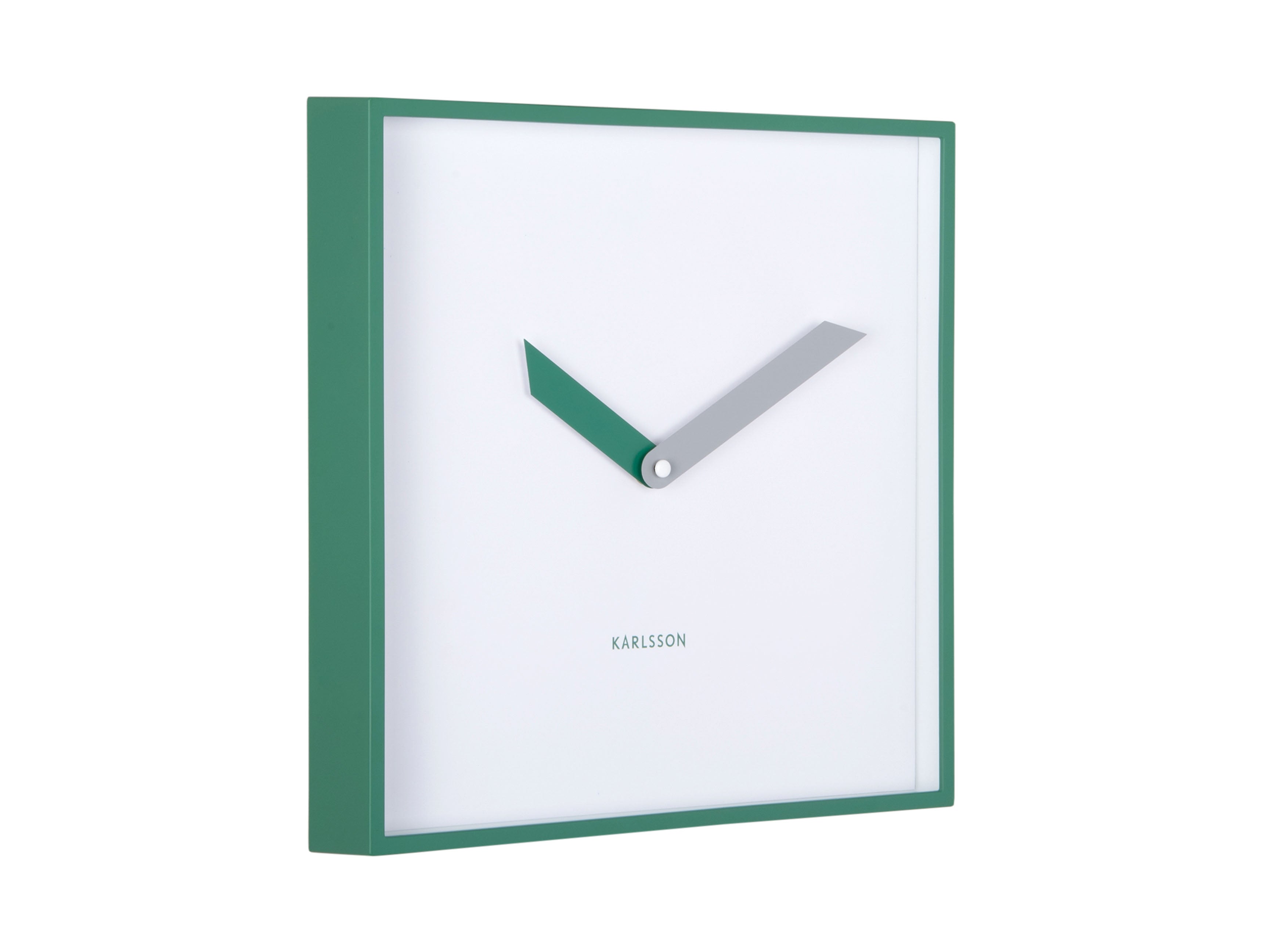 Horloge murale carrée avec cadran blanc et cadre vert, aiguilles grises