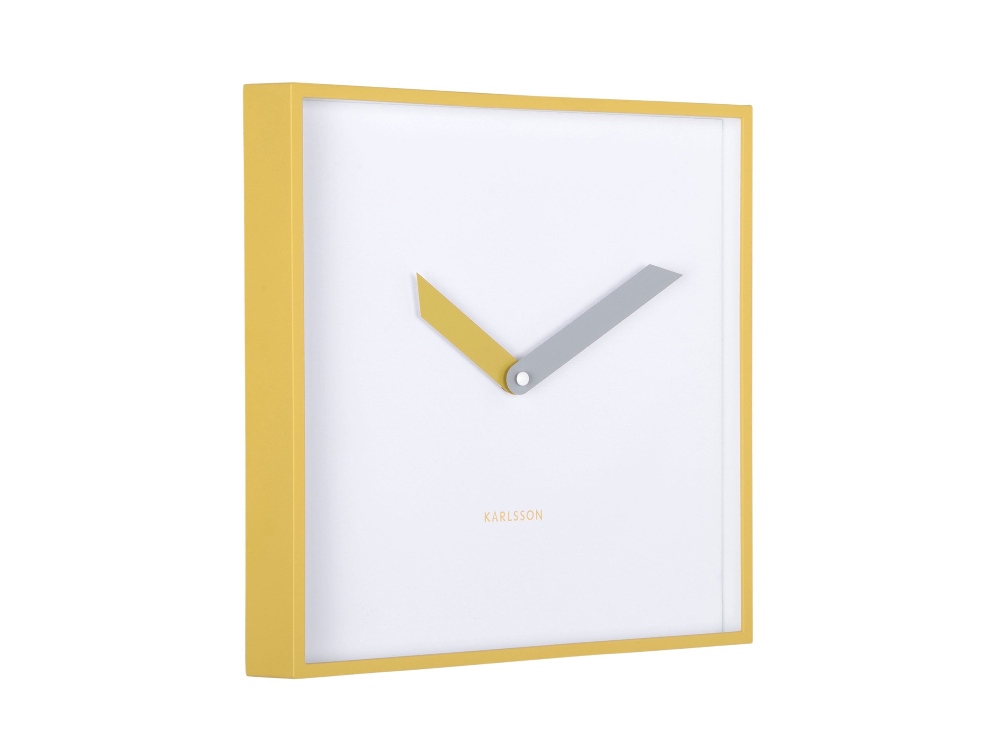 Horloge murale carrée avec cadre jaune, cadran blanc et deux aiguilles