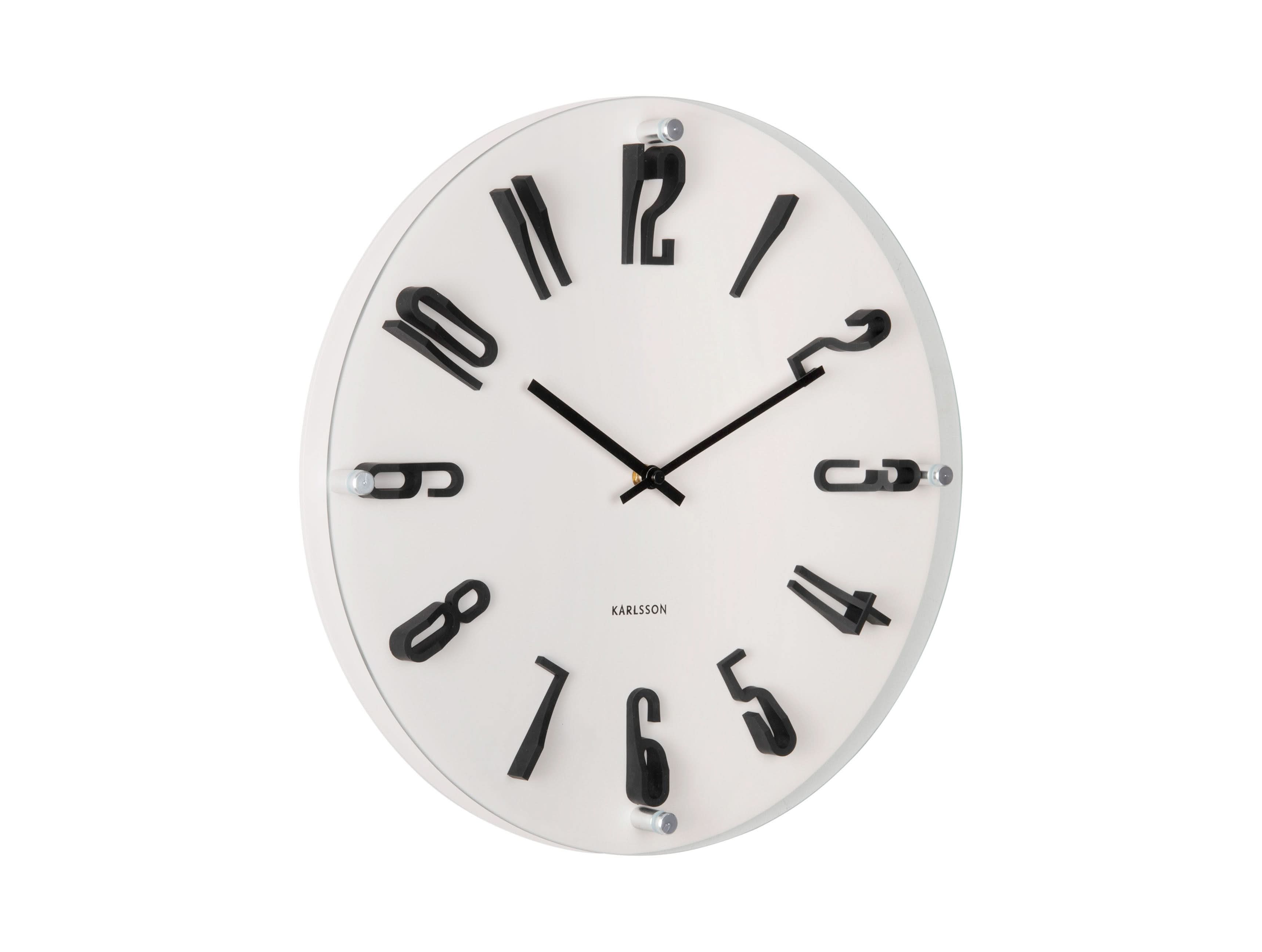 Horloge murale avec cadran blanc et aiguilles noires, index rectangulaires