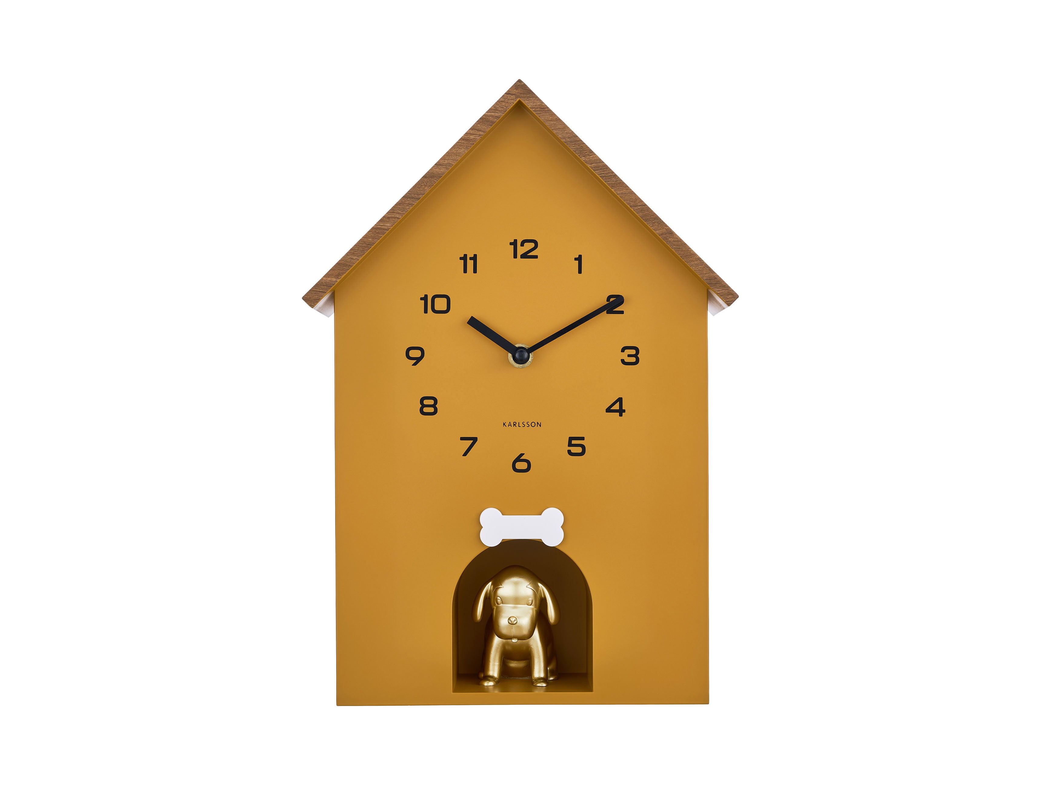 Horloge murale design niche pour chien, ocre, avec coucou et cadran