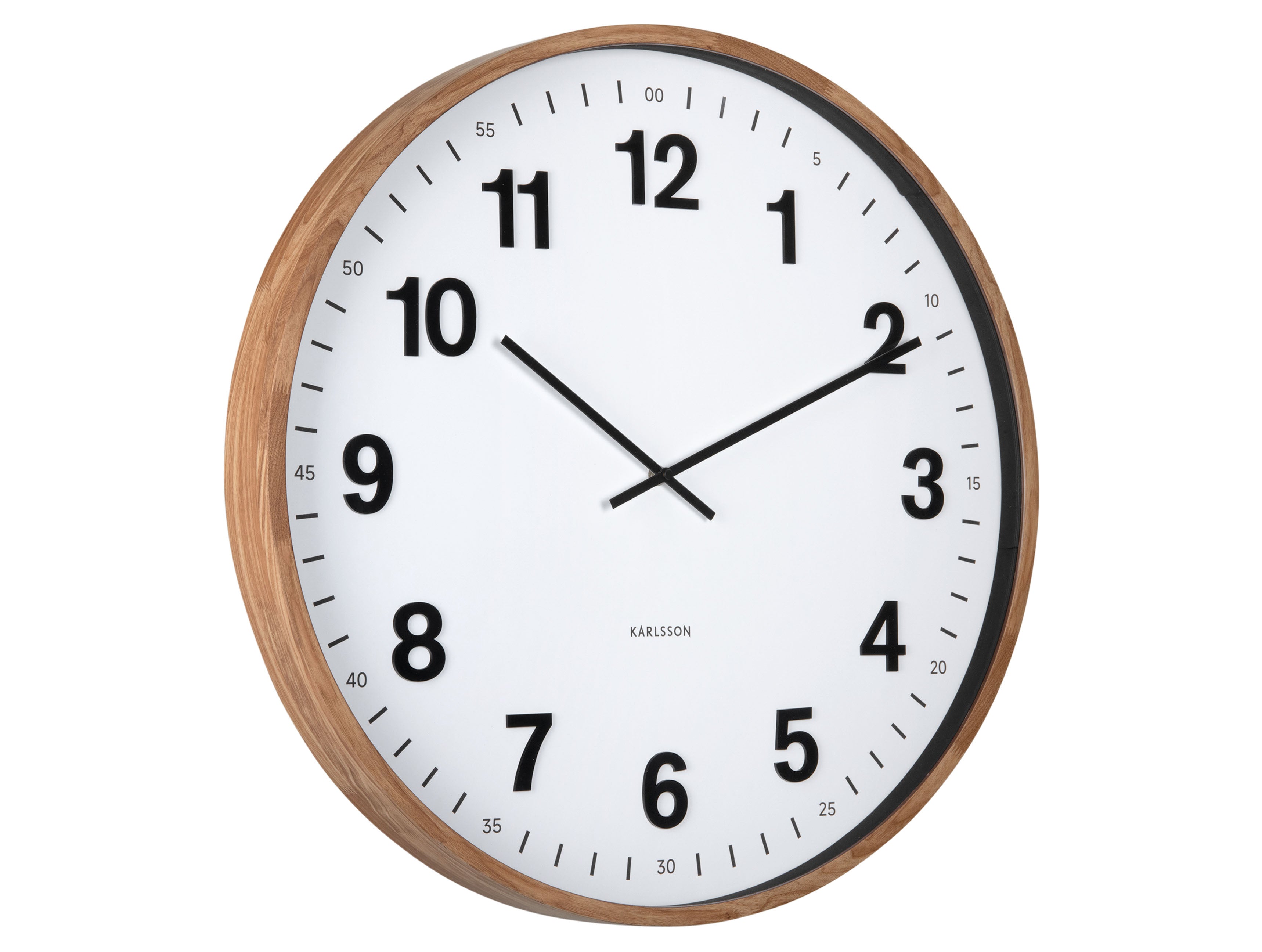 Horloge murale avec cadre rond en bois sombre et cadran blanc, aiguilles noires