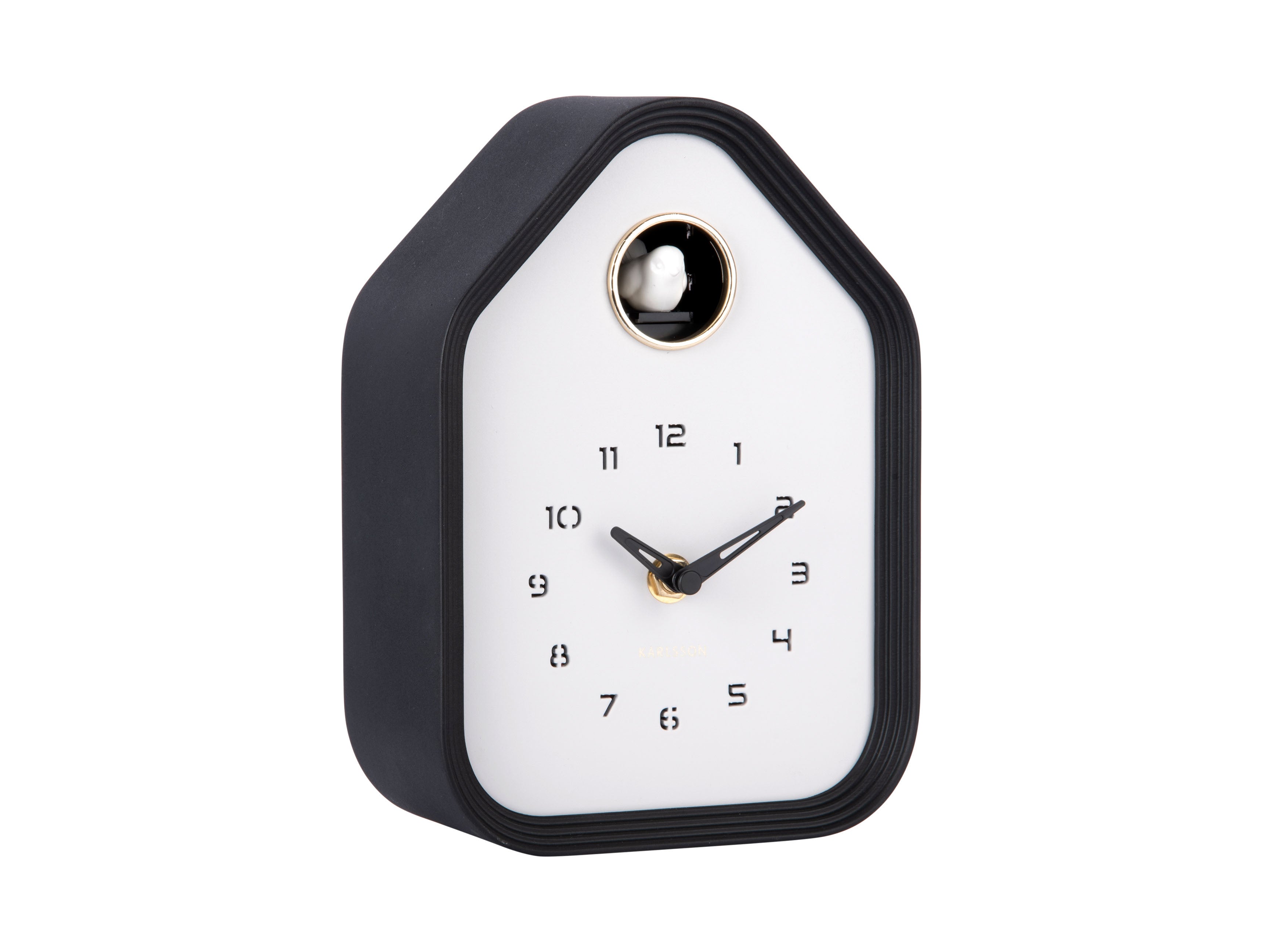 Horloge murale en forme de maison avec bordure noire, cadran blanc et sortie de coucou