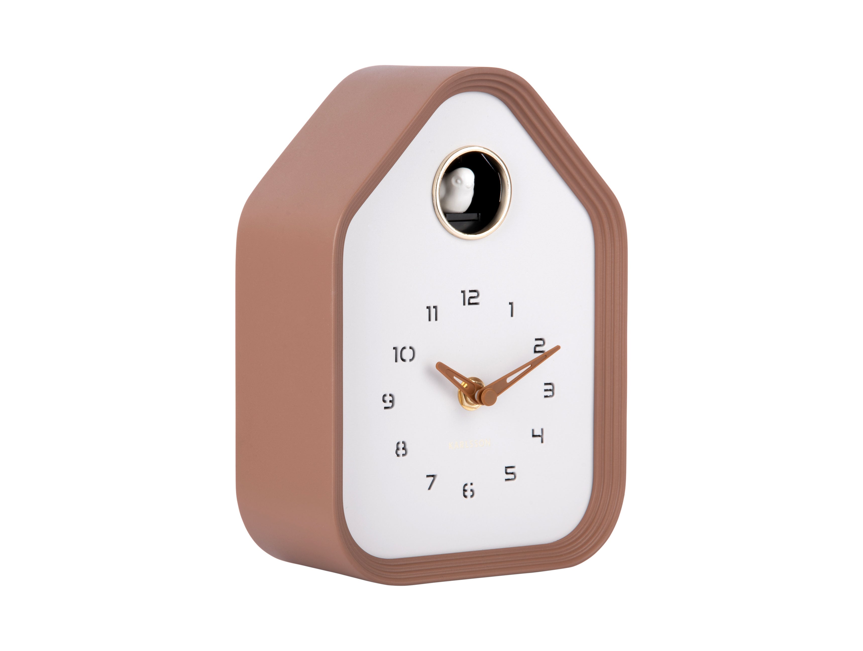 Horloge murale en forme de maison, cadre brun moka, cadran blanc, fenêtre ronde noire