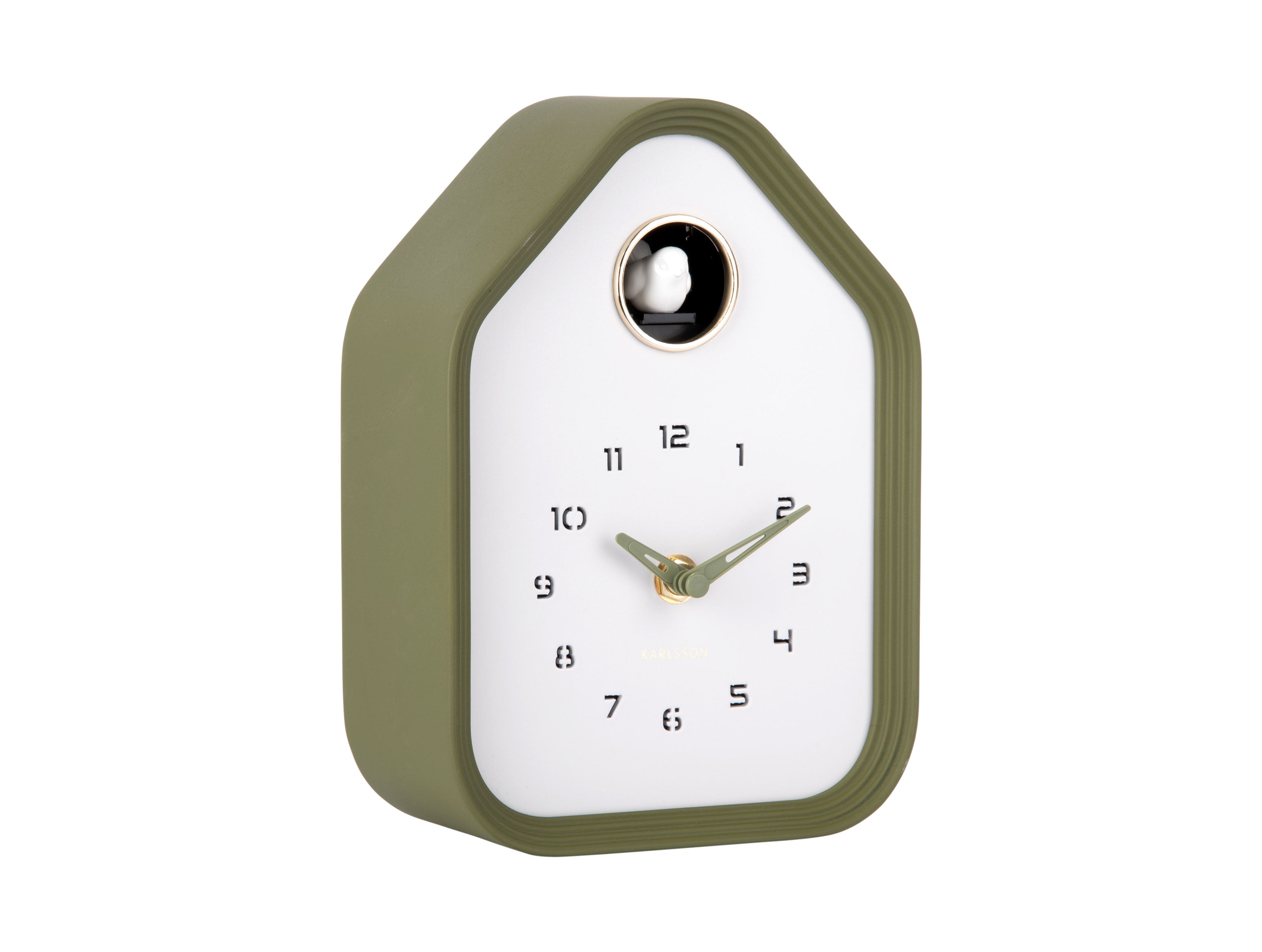 Horloge murale avec cadre vert, cadran blanc et affichage des heures évasé