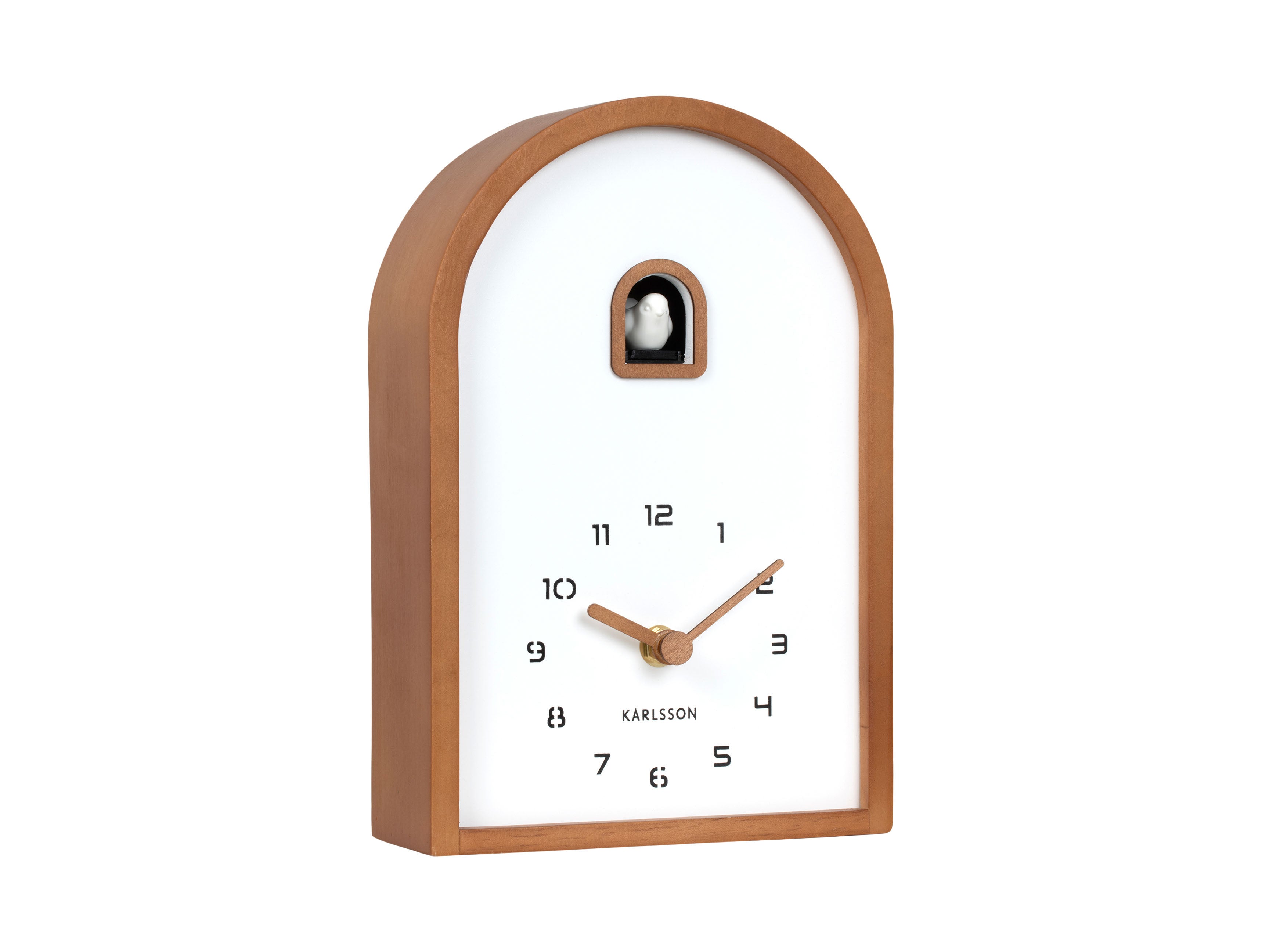 Horloge murale avec boîtier en bois marron foncé et motif de coucou, cadran blanc