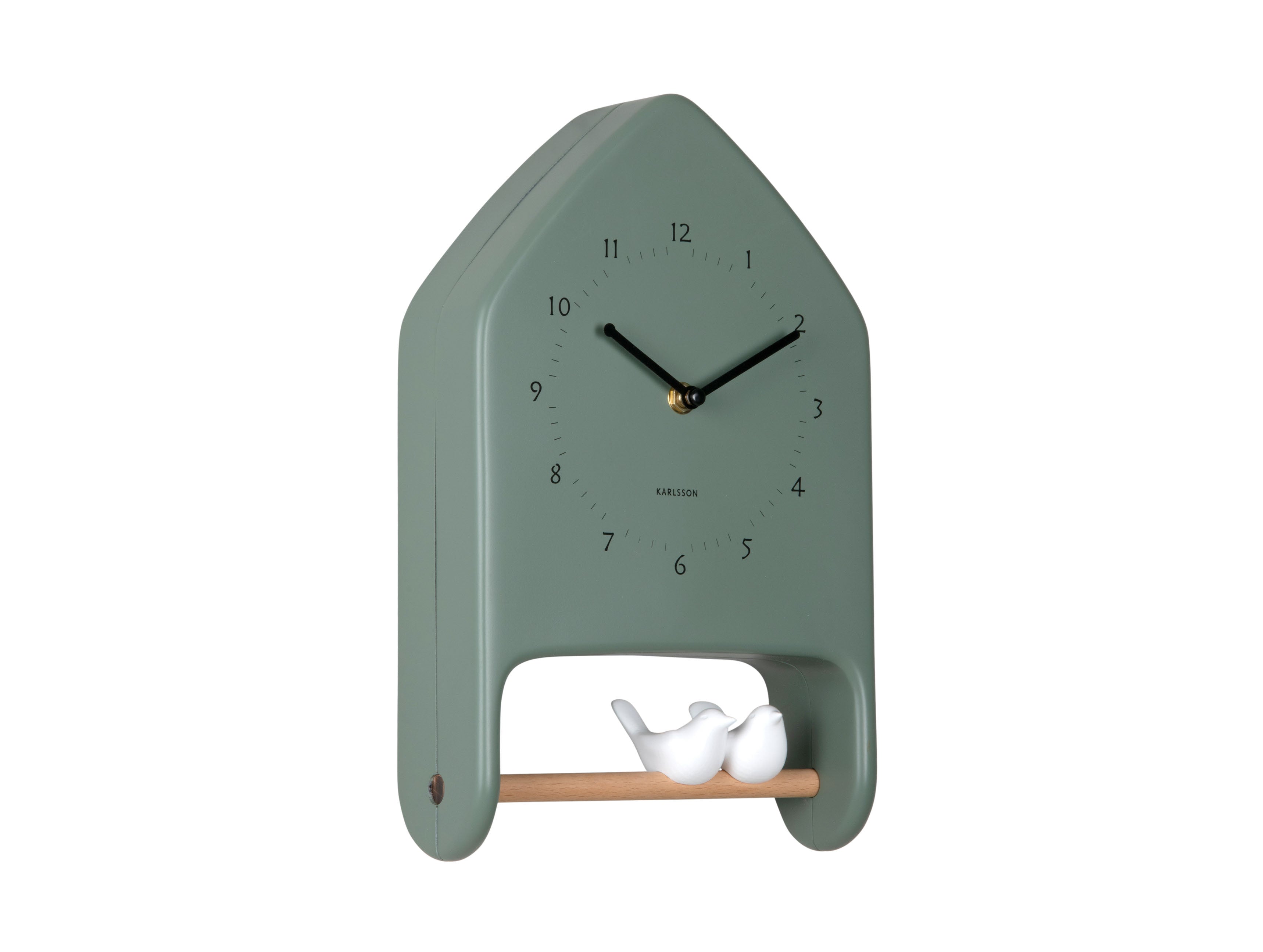 Horloge murale Karlsson à cadran ouvert et boîtier rond vert ; tourtereaux blancs en bas