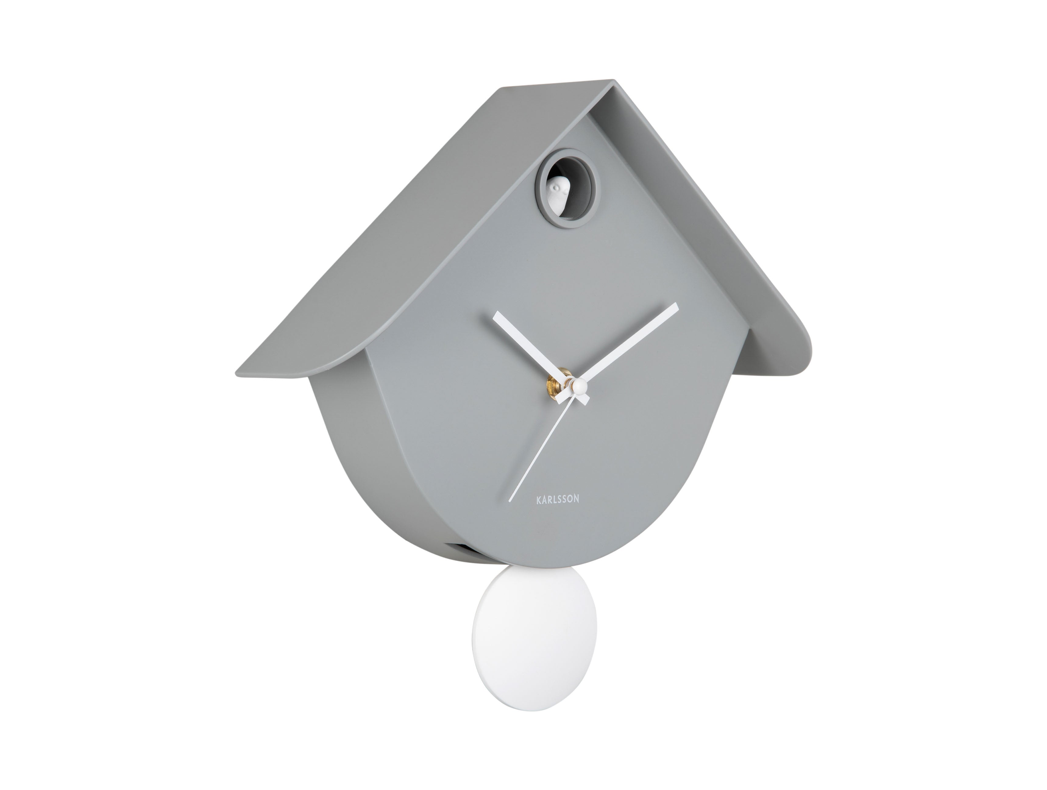 Horloge murale style coucou, boîtier gris souris avec aiguilles et poids rond