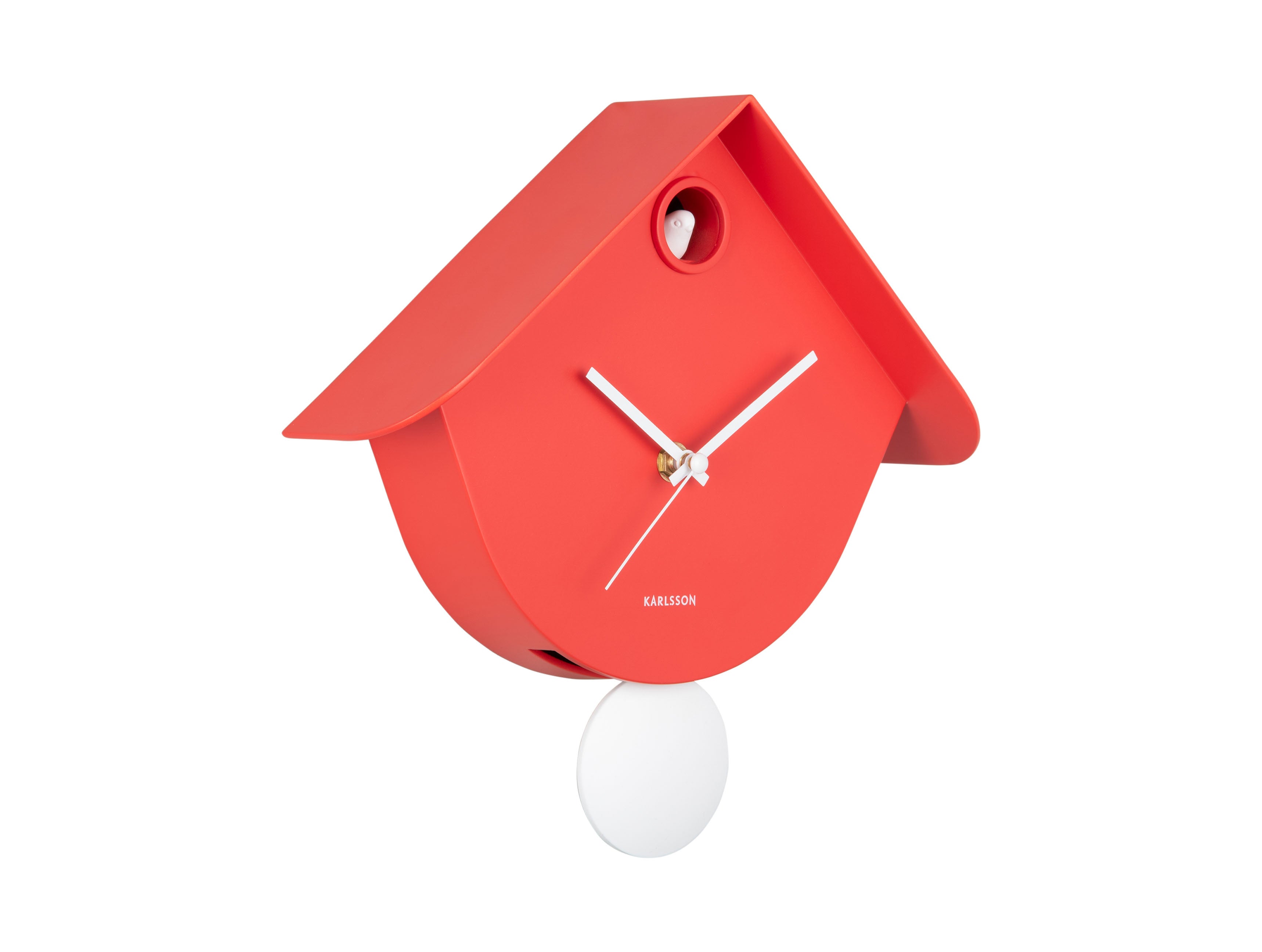Horloge murale rétro rouge écarlate avec boîtier de coucou, aiguilles et pendule blancs