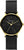 Montre unisexe : bracelet en cuir noir, cadran noir, boîtier rond doré