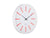 Rund väggklocka med vit urtavla, röda streckmarkeringar och svarta visare