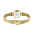 Rückseite einer goldfarbenen Damenarmbanduhr mit Milanaise-Armband