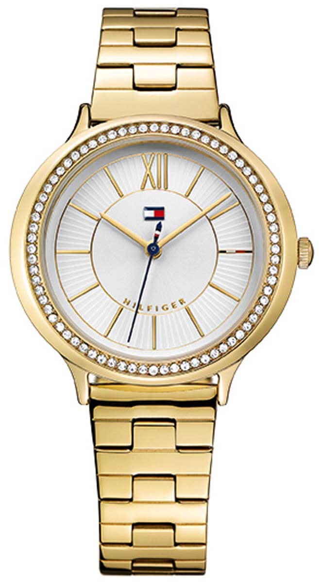 Montre pour femme dorée avec lunette en strass, cadran rond et bracelet en métal
