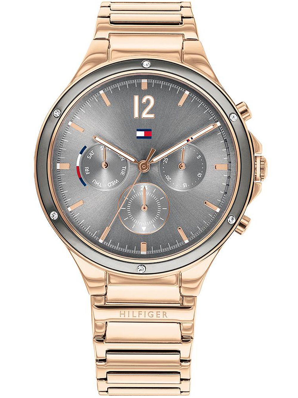 Tommy Hilfiger Damenuhr mit roségoldfarbenem Metallband, grauem Zifferblatt und Chrono-Subdials