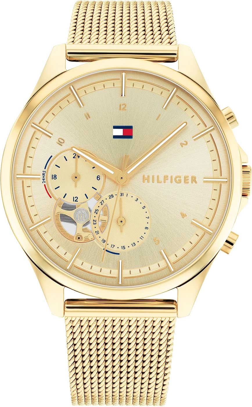 Montre Tommy Hilfiger pour femme avec bracelet milanais doré, cadran crème et deux sous-cadrans chronographes