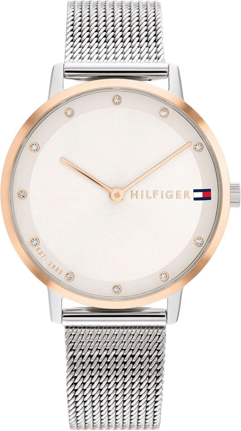 Bracelet de montre pour femme avec bracelet en maille argentée, lunette or rose et cadran clair