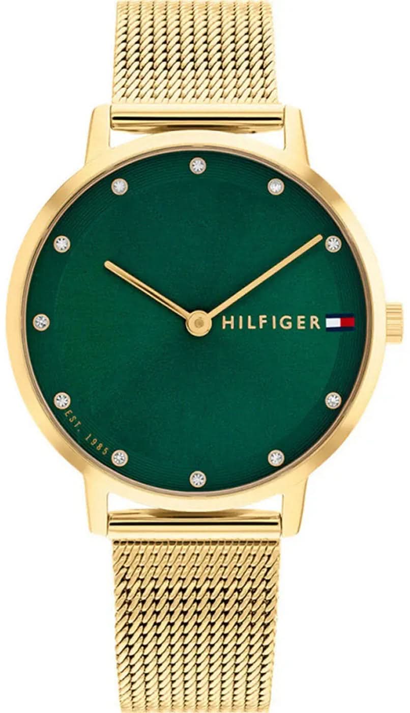 Montre Tommy Hilfiger pour femme avec cadran vert et bracelet en métal doré