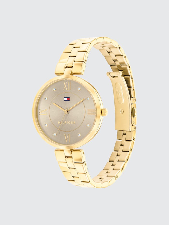 Tommy Hilfiger Damenuhr mit goldfarbenem Edelstahlarmband und rundem grau-goldenen Ziffernblatt