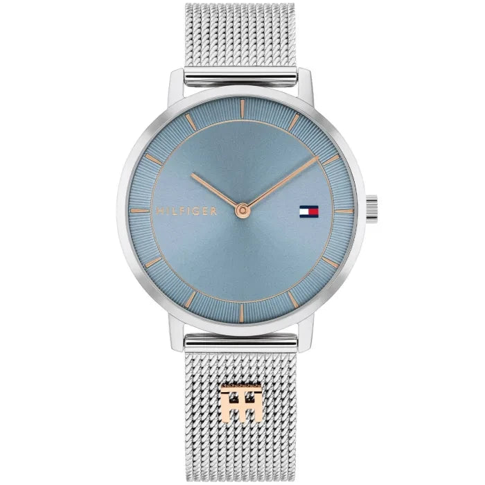 Tommy Hilfiger Damenarmbanduhr, blaues Zifferblatt, silbernes Mesh-Edelstahlband