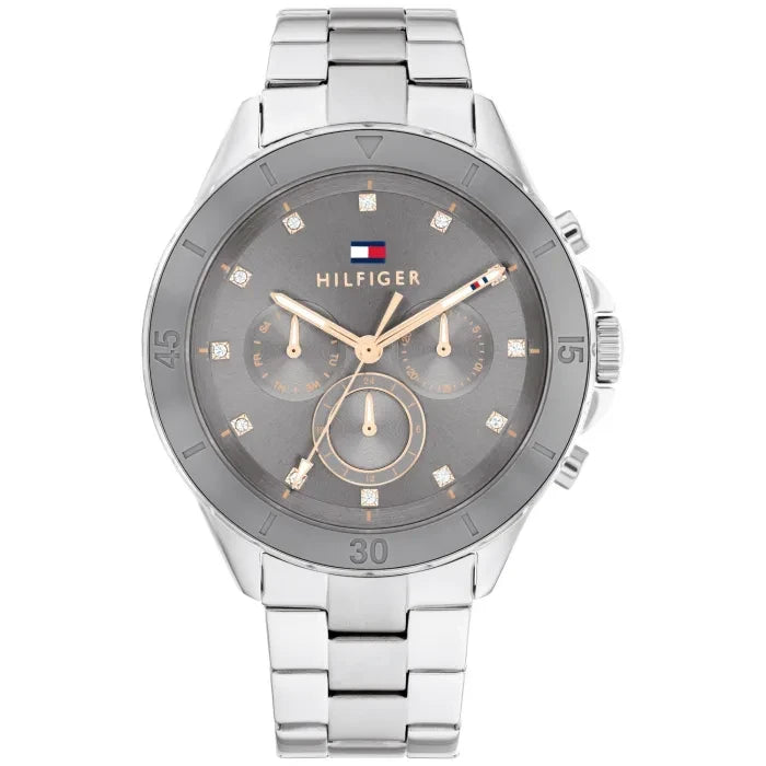 Tommy Hilfiger Mellie Damenarmbanduhr mit silbernem Metallband und dunklem Zifferblatt, Quarz.