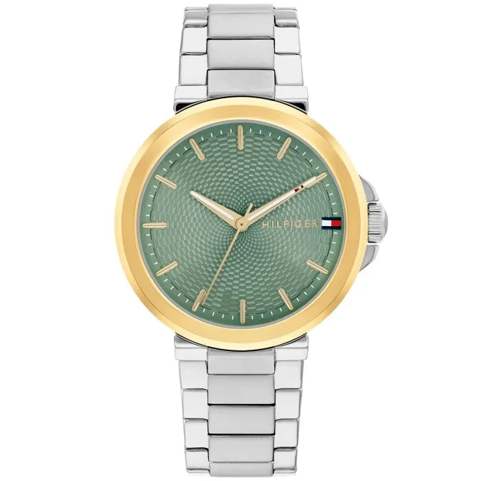 Tommy Hilfiger Damenarmbanduhr mit grünem Zifferblatt, goldfarbener Lünette und Metallband