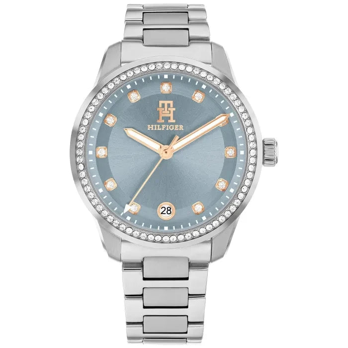 Tommy Hilfiger Damenarmbanduhr silbern, blaues Zifferblatt, strassbesetzte Lünette