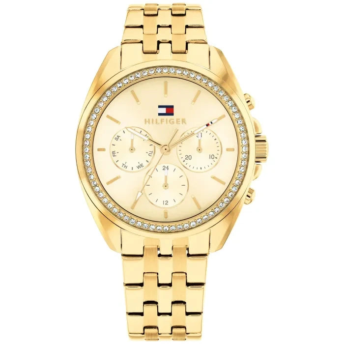 Tommy Hilfiger Damenarmbanduhr in Gold mit Zifferblatt, Subdials und Strass-Lünette