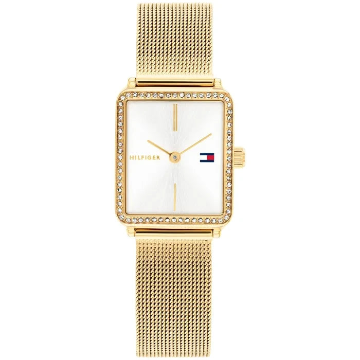 Damenarmbanduhr in Gold mit Mesh-Armband, weißem Zifferblatt und Zirkonia-Lünette