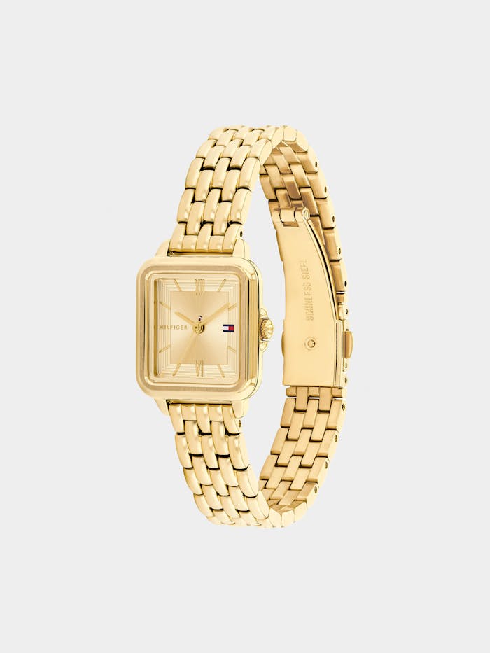 Tommy Hilfiger Damenuhr mit goldfarbenem Metallarmband und eckigem Zifferblatt