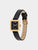 Damenuhr mit schwarzem Lederarmband, eckigem goldfarbenem Gehäuse und römischen Ziffern