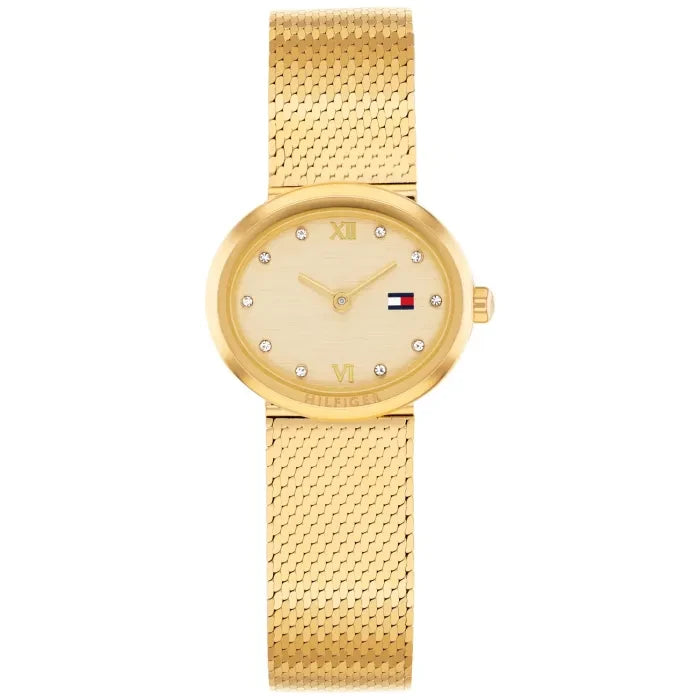 Damenarmbanduhr goldfarben, ovales Gehäuse mit Strass, feines Metall-Meshband