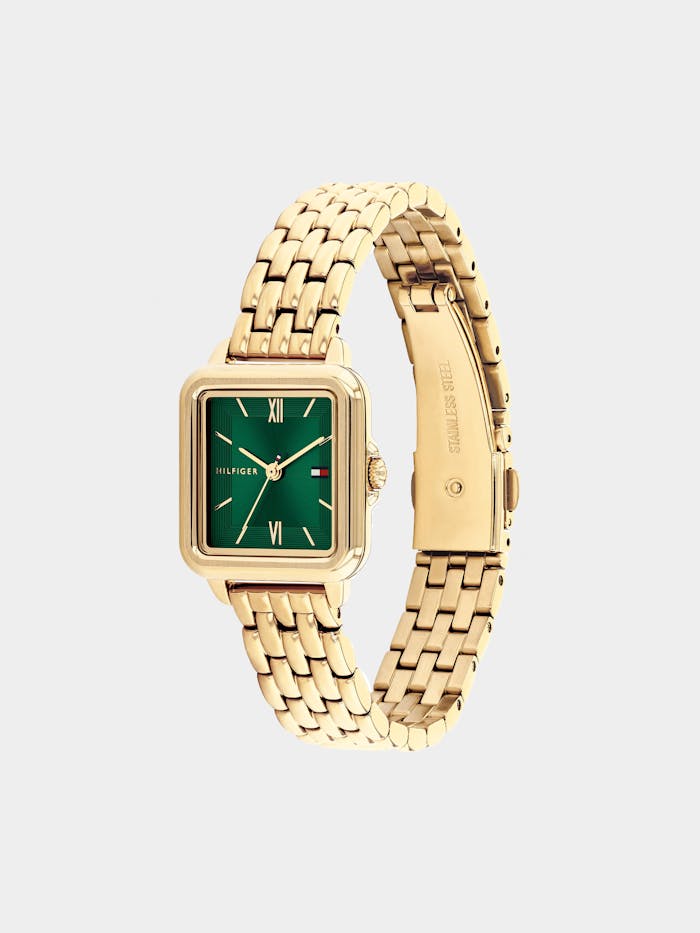 Tommy Hilfiger Damenarmbanduhr mit grünem Zifferblatt und goldfarbenem Metallarmband