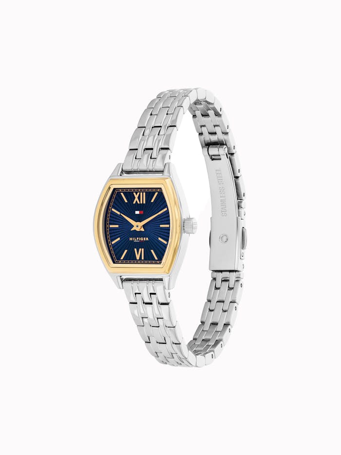 Damenarmbanduhr mit blauem Zifferblatt, römischen Ziffern, goldfarbenem Rand und Metallarmband