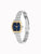 Damenarmbanduhr mit blauem Zifferblatt, römischen Ziffern, goldfarbenem Rand und Metallarmband