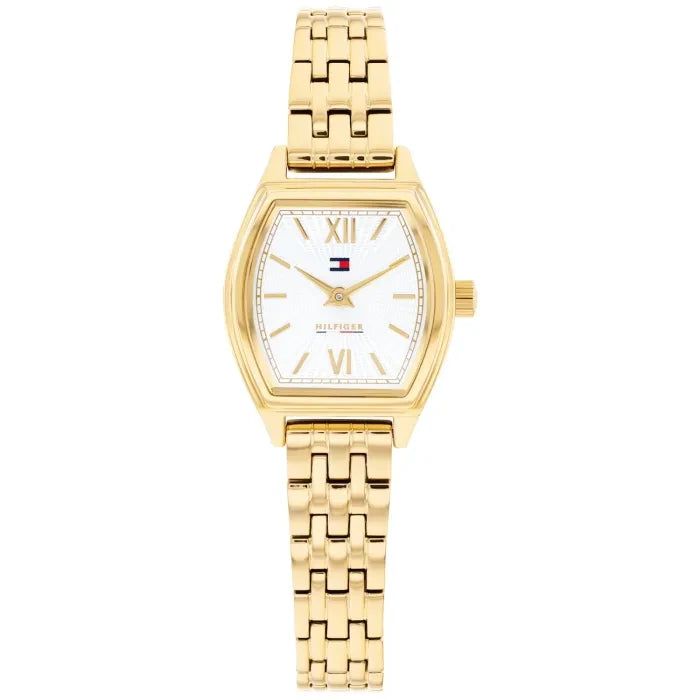 Tommy Hilfiger Norah Damen-Quarzarmbanduhr, goldfarben, weißes Zifferblatt mit römischen Ziffern