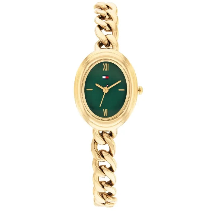 Tommy Hilfiger Damenarmbanduhr, ovales goldfarbenes Gehäuse, grünes Zifferblatt, Kettenarmband