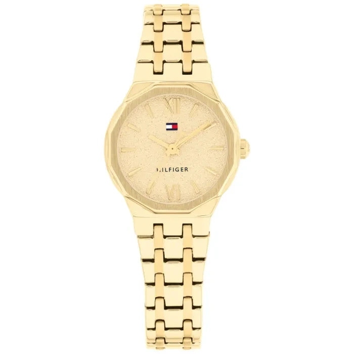 Damenarmbanduhr mit goldfarbenem Metallarmband und rundem Zifferblatt, Tommy Hilfiger