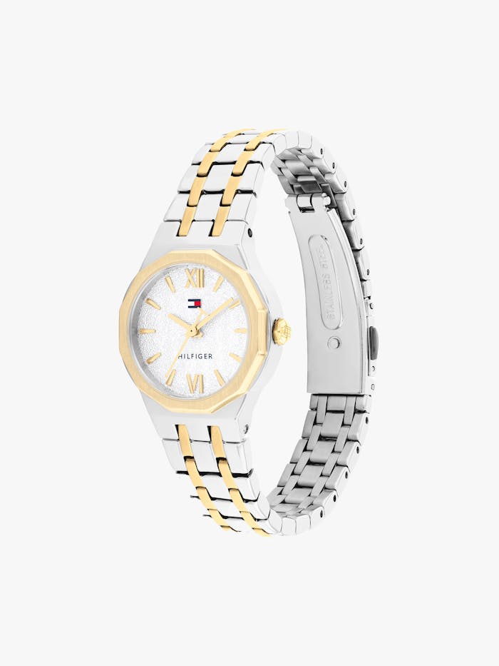 Damen-Armbanduhr mit weißem Zifferblatt und silber-goldfarbenem Metallarmband