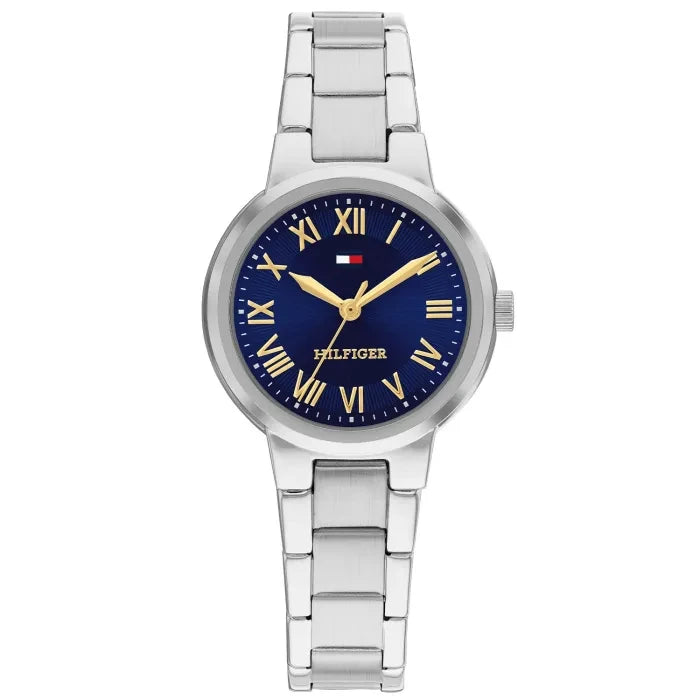 Tommy Hilfiger Damenarmbanduhr: blaues Zifferblatt, goldene Zeiger, Metallarmband