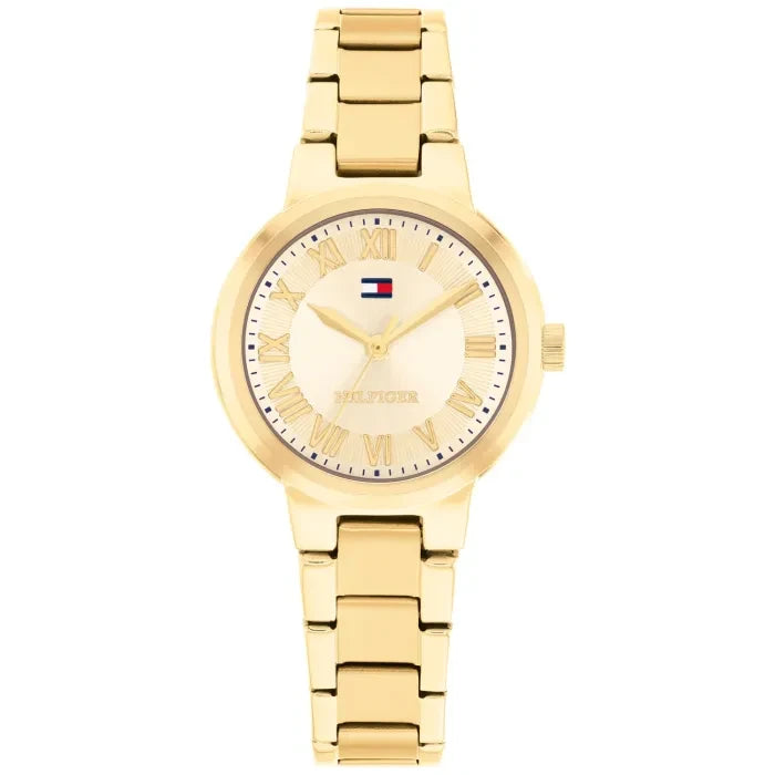 Tommy Hilfiger Damenarmbanduhr, goldfarbener Metallarmbandreif, rundes Zifferblatt