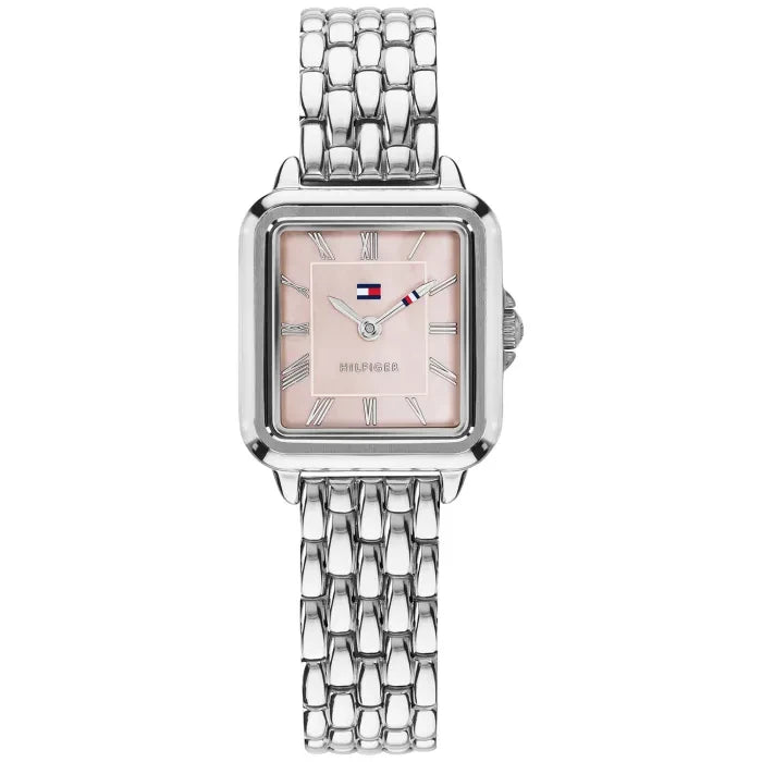 Tommy Hilfiger Damenarmbanduhr mit silberfarbenem Edelstahlband und rosafarbenem rechteckigem Zifferblatt