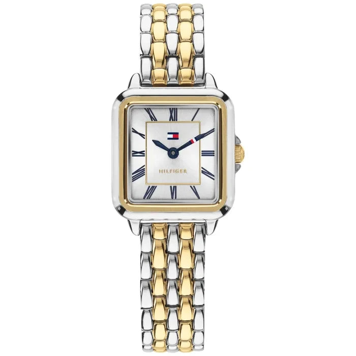 Tommy Hilfiger Damenarmbanduhr: Quarz, zweifarbiges Stahlband, rechteckiges Zifferblatt