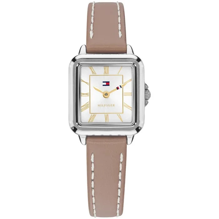Tommy Hilfiger Mia Damenuhr: braunes Lederarmband, rechteckiges silbernes Gehäuse